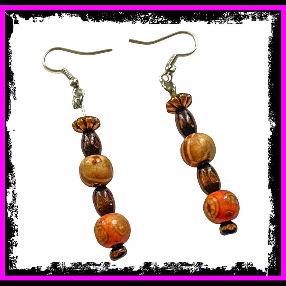 New Handmade Sterling Silver Petrified Wood Orange Brown Wooden Dangle Earrings - Picture 11 of 11